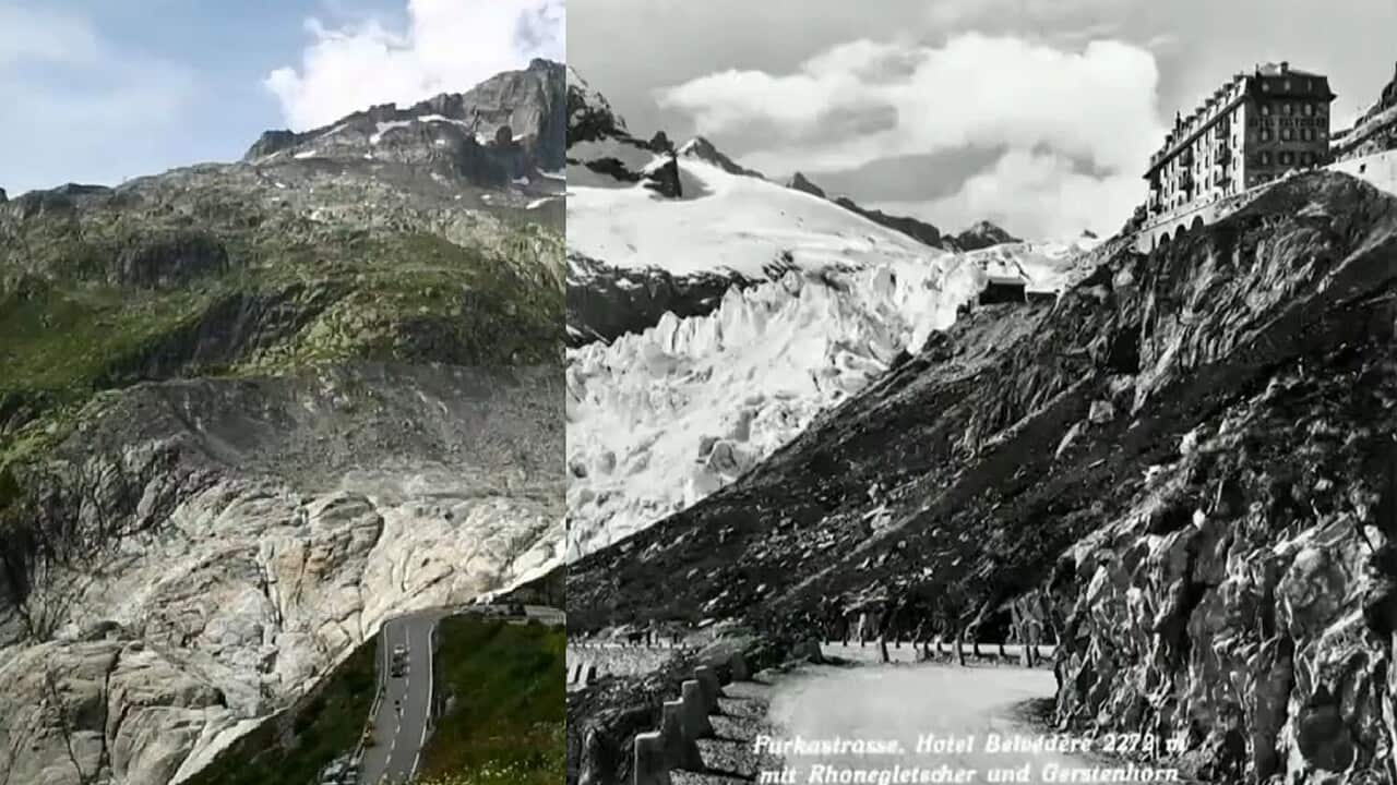 The Rhone Glacier today (L) and before 1938 (R)