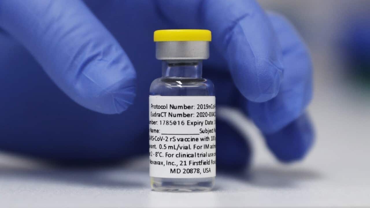 A vial of the Phase 3 Novavax coronavirus vaccine