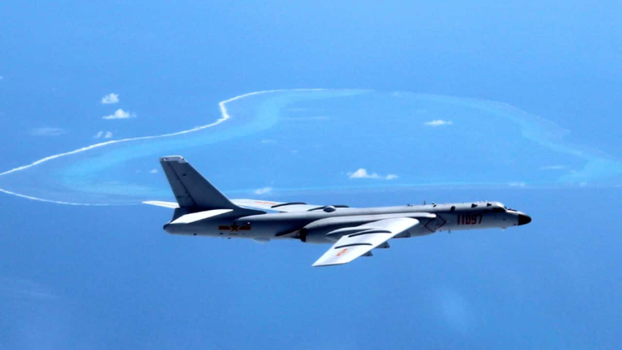 A Chinese bomber patrols islands in the South China Sea