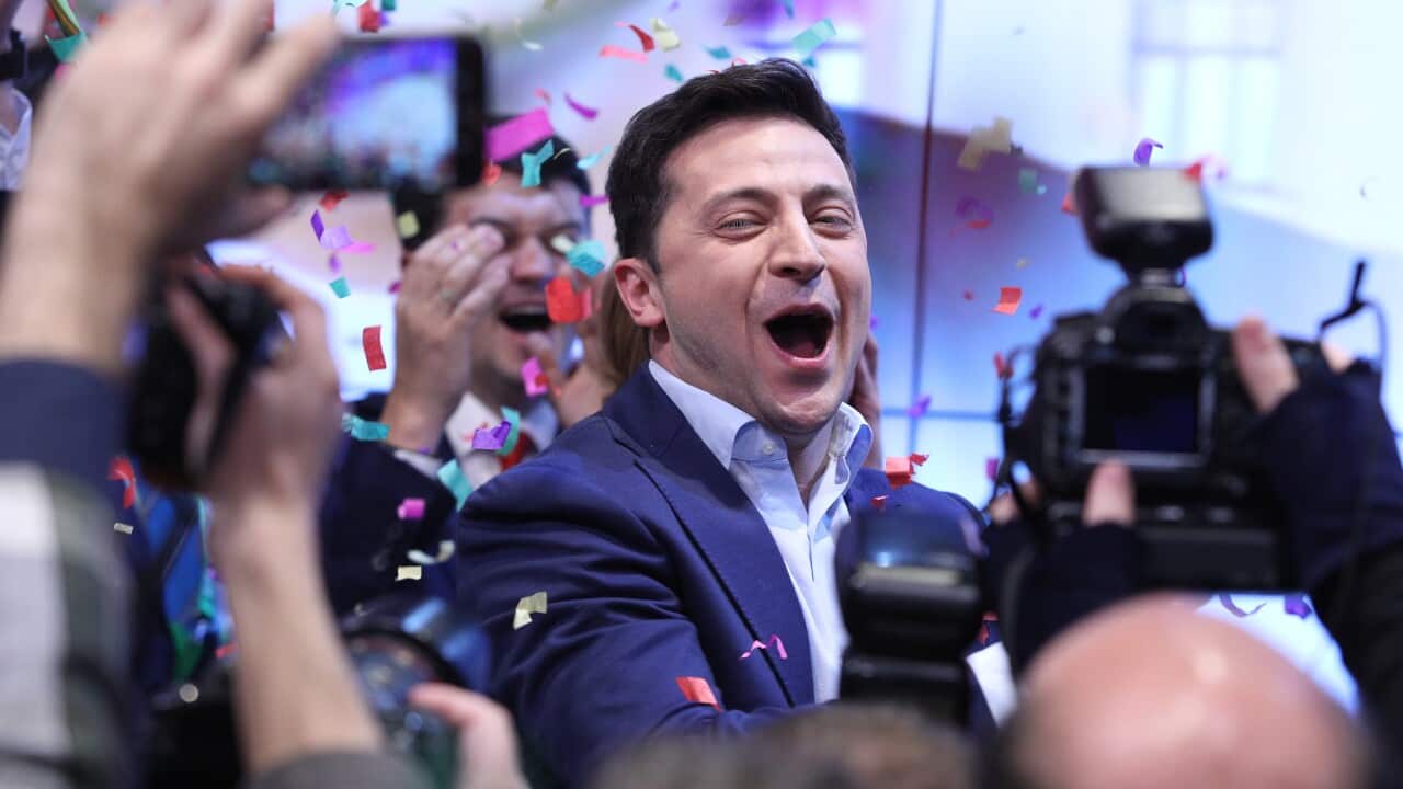 Ukrainian comedian and presidential candidate Volodymyr Zelenskiy smiles after the second round of presidential elections in Kiev, Ukraine.