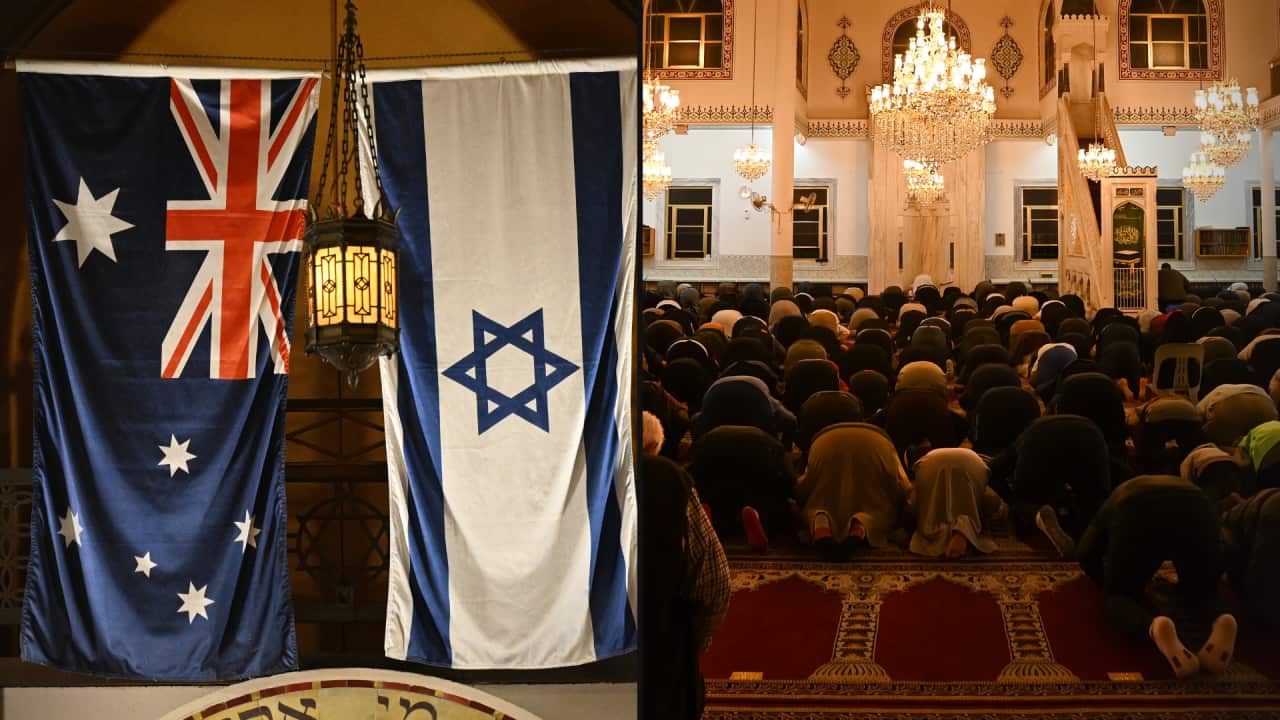 A split image. On the right are the Australian and Israeli flags hanging from a ceiling in a synagogue. On the right are Muslim worshippers praying at a mosque.