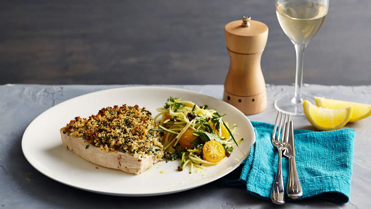 Herb and caper crumbed swordfish with zucchini salad