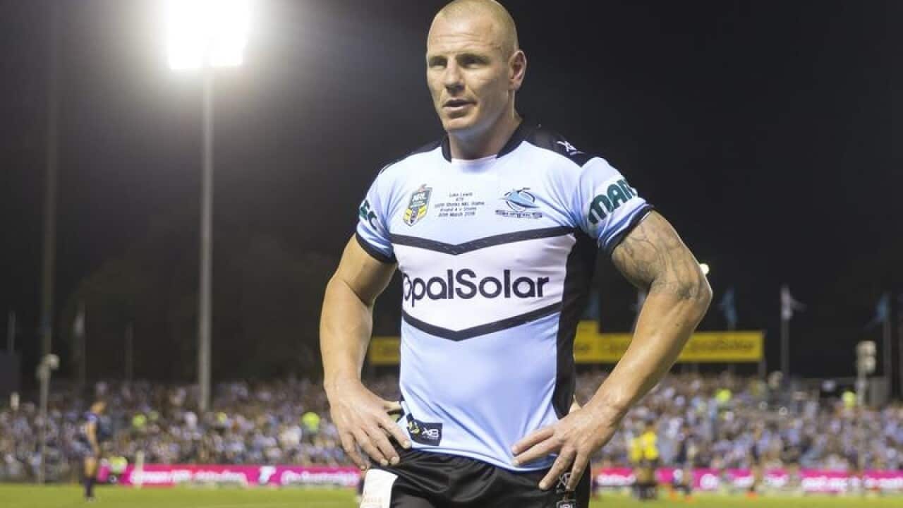 File image of Luke Lewis of the Sharks walking off the field.