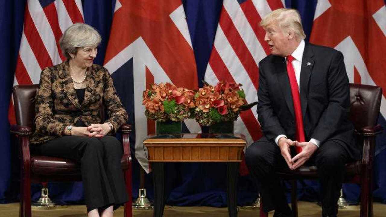President Donald Trump meets with British Prime Minister Theresa May at the Palace Hotel during the United Nations General Assembly, Wednesday, Sept. 20, 2017, in New York.