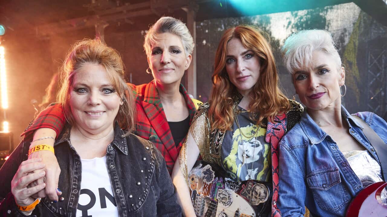 Joanna Scanlan as Beth, Tamsin Greig as Holly, Rosalie Craig as Kitty and Amelia Bullmore as Yvonne in 'Riot Women'.