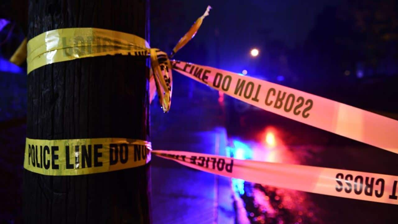 Police tape seals off an area