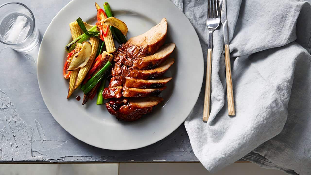 Chinese roasted pork with baby corn and chilli