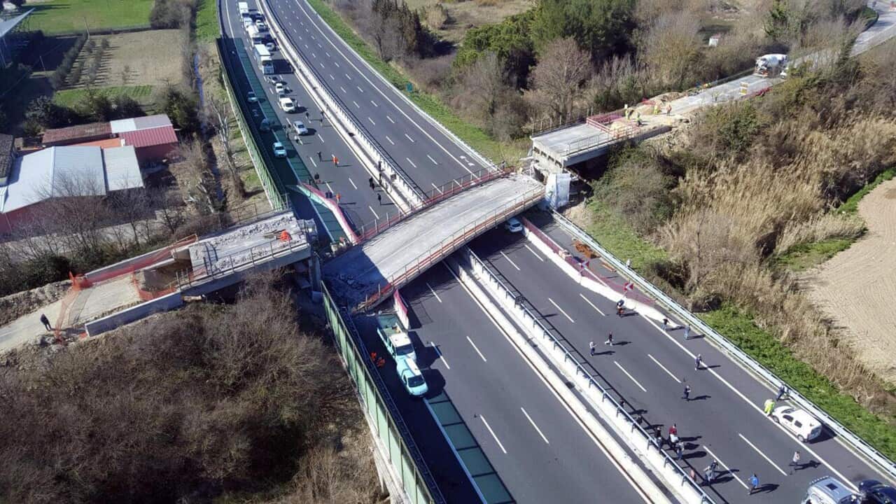 A general aerial view showing the site of a bridge that collapsed onto the A14 motorway near the central Italian city of Ancona.