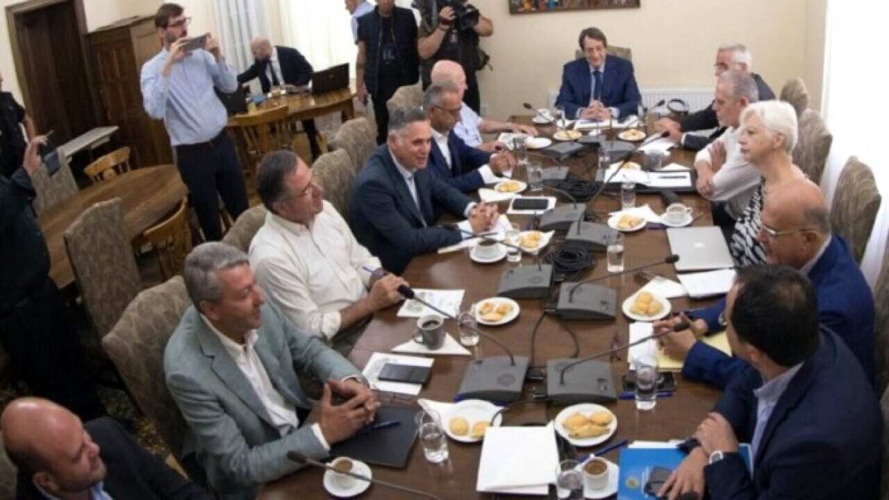 Cyprus President Nicos Anastasiades meets with party leaders at his residence in Troodos, ahead of a meeting with Turkish Cypriot leader Mustafa.