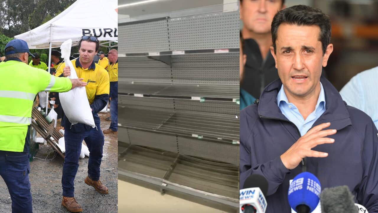 A composite image of people collecting sand bags on the left, emptied supermarket shelves in the centre and a man speaking into microphones on the right.