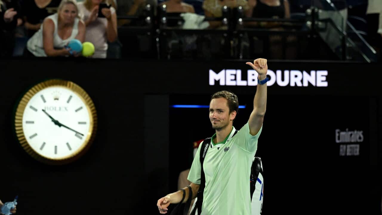 Daniil Medvedev of Russia gestures to the crowd after winning his second round Mens singles match against Nick Kyrgios