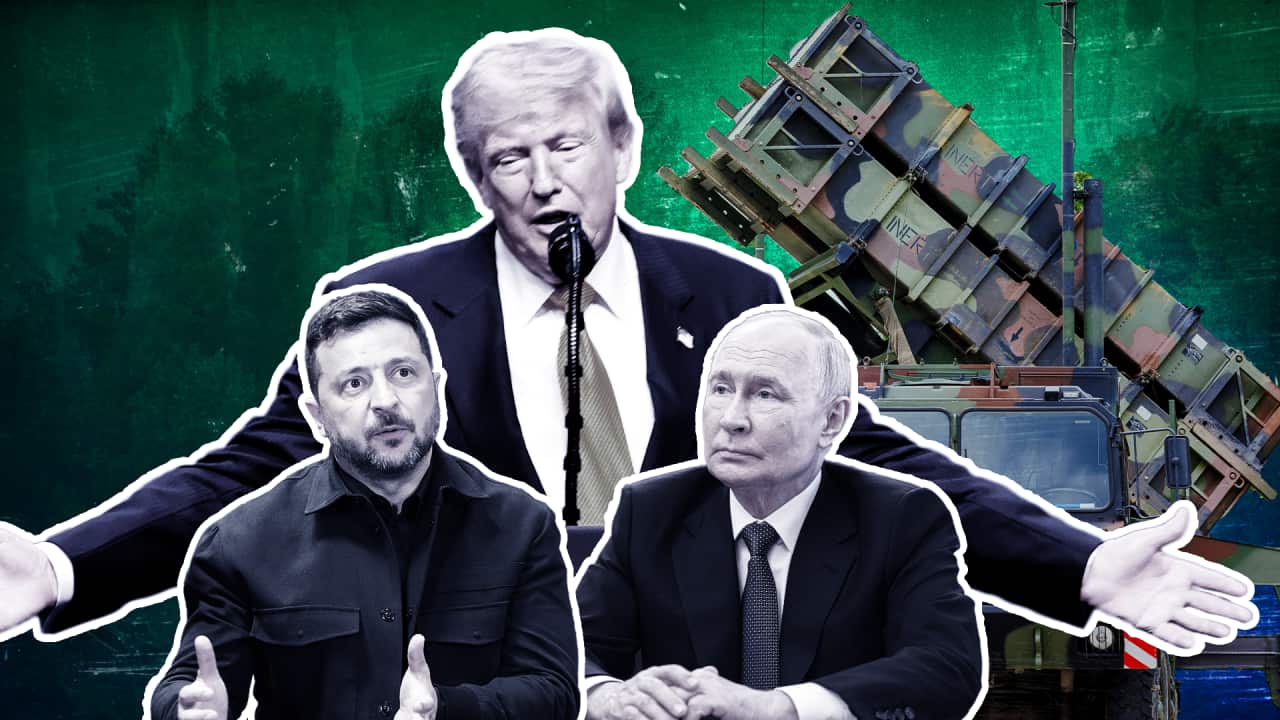 A composite image of world leaders with a patriot missile battery in the background