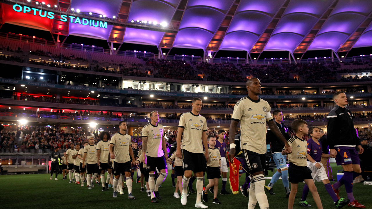 Manchester United walk out at Optus Stadium in Perth