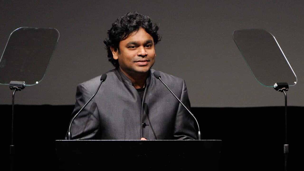 DUBAI, UNITED ARAB EMIRATES - DECEMBER 07: Composer AR Rahman speaks on stage as he receives the Lifetime Achievement Award at the opening ceremony during day one of the 8th Annual Dubai International Film Festival held at the Madinat Jumeriah Complex