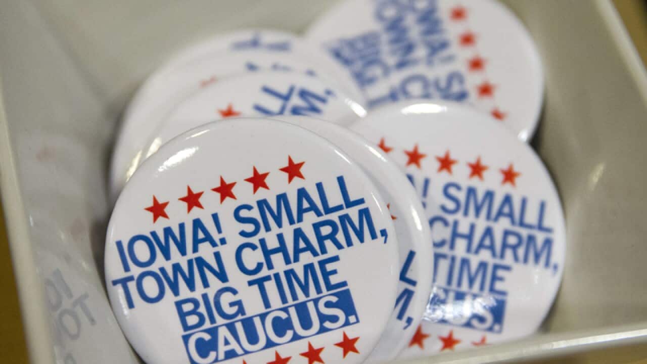 Political buttons are for sale at a gift shop in Des Moines, Iowa