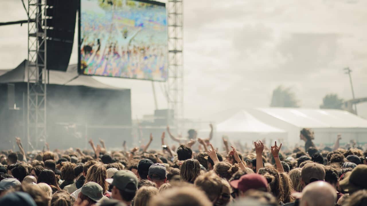 A crowd of festivalgoers at a music festival.