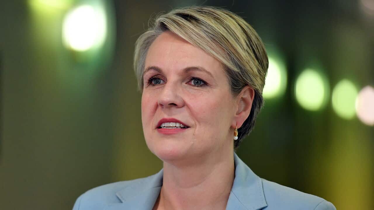 A woman in a light blue jacket.