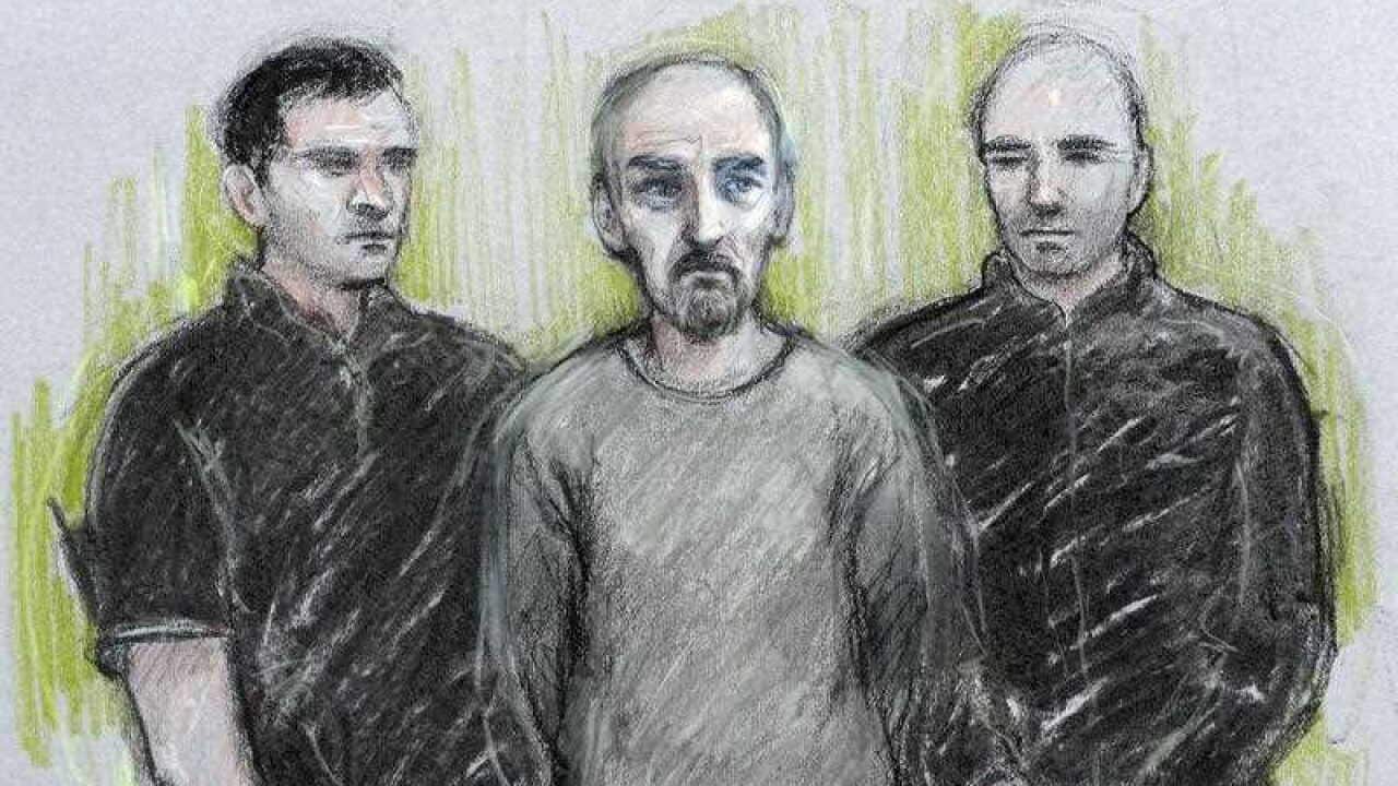 Court artist sketch by Elizabeth Cook of Thomas Mair (centre) at Westminster Magistrates' Court in London