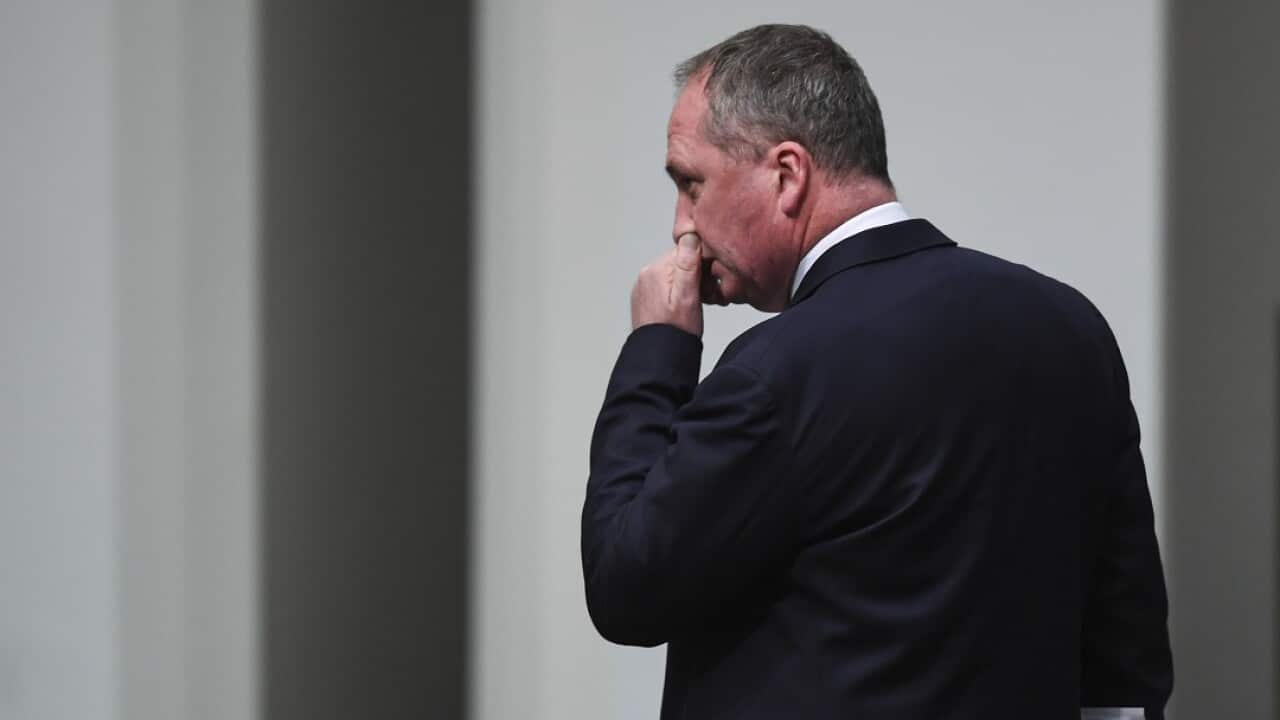 Nationals MP Barnaby Joyce arrives during House of Representatives Question Time at Parliament House in Canberra, Tuesday, May 29, 2018.