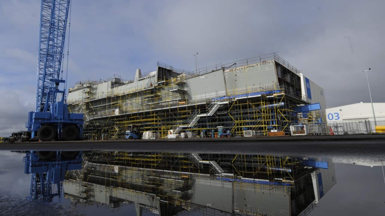 The unfinished new ship 'Hobart' in Adelaide