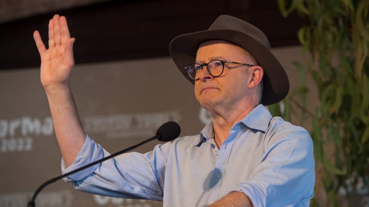 Prime Minister Anthony Albanese delivers at the Garma Festival in northeast Arnhem Land, Northern Territory, Saturday, July 30, 2022-AAP