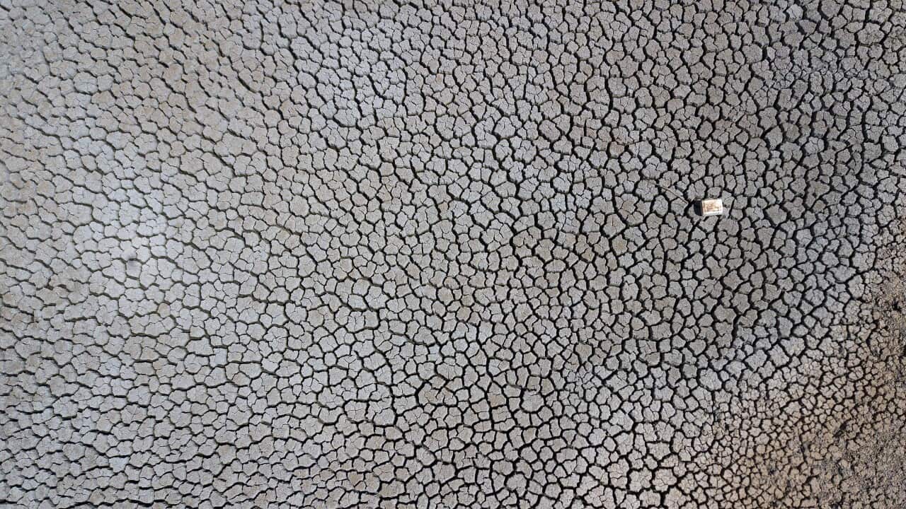 An aerial view of a dried up dam at Cottonvale apple orchard, outside the drought ravaged town of Stanthorpe, 180km south west of Brisbane.