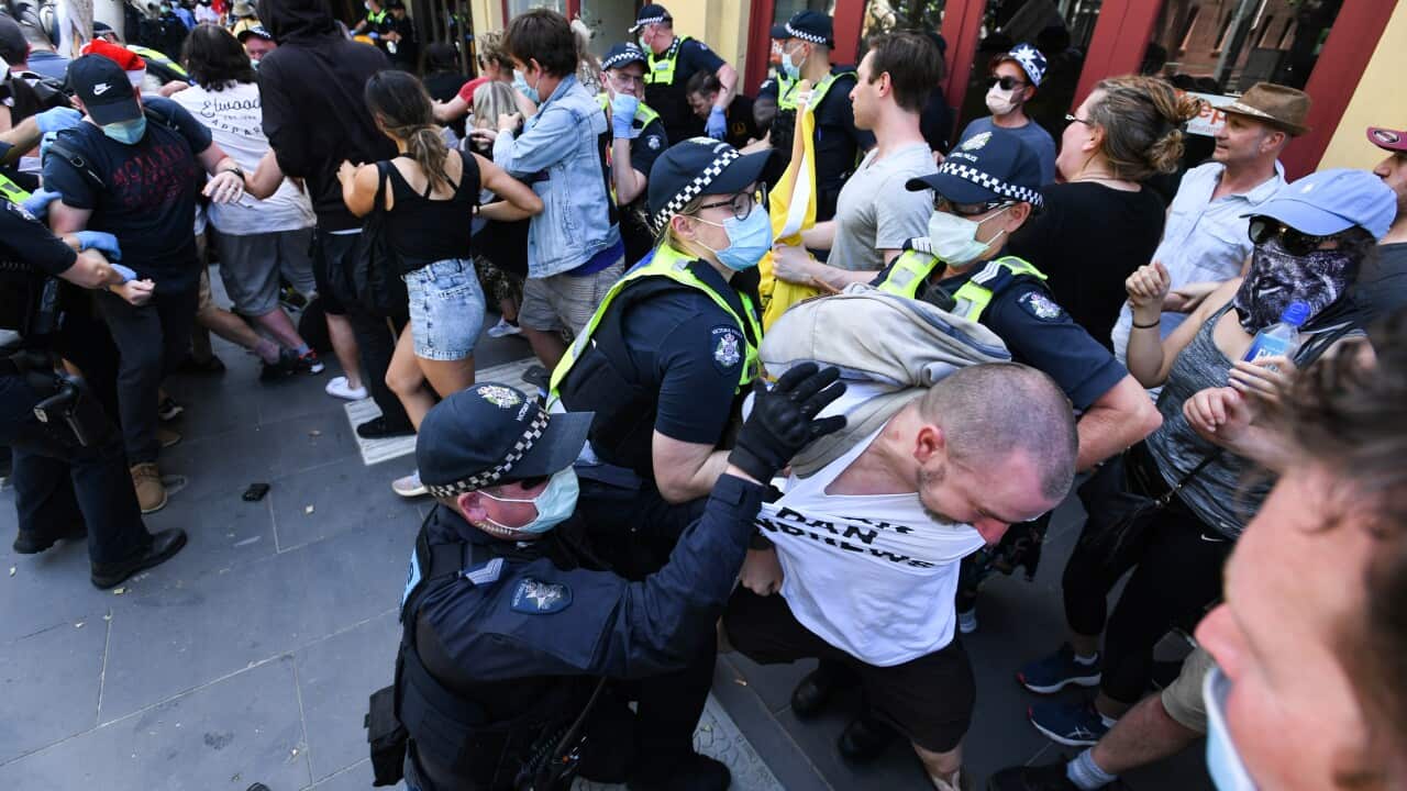 Police made at least a dozen arrests during anti-lockdown protests in Melbourne on Tuesday.
