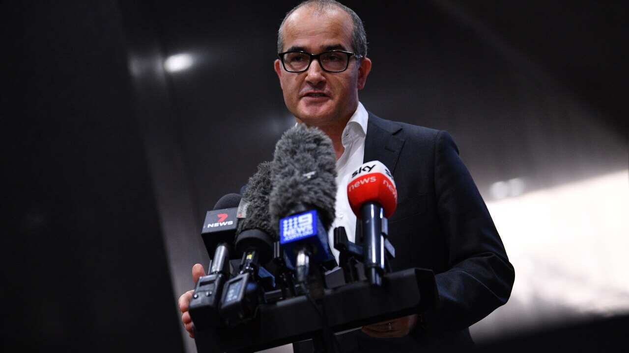 Acting Victorian Premier James Merlino addresses the media during a press conference in Melbourne.