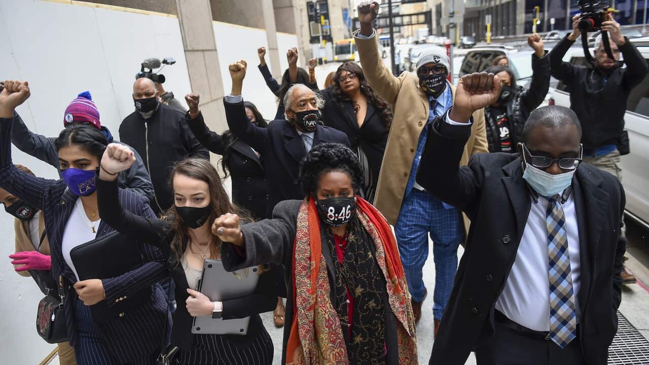 Members of George Floyd's family walk to the courthouse on the first day of closing arguments for the murder trial of Derek Chauvin on 19 April, 2021.