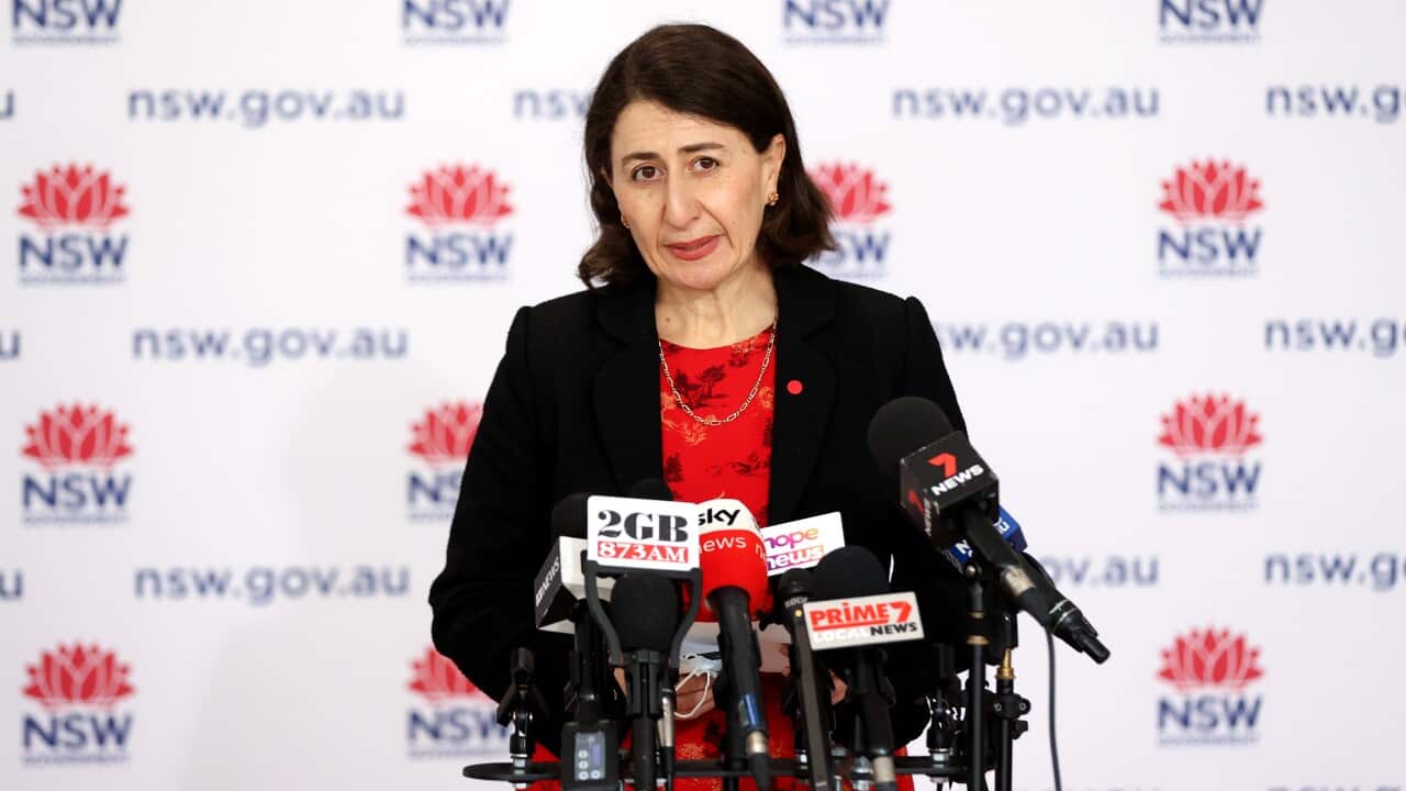 NSW Premier Gladys Berejiklian addresses the media during a press conference in Sydney, Monday, September 13, 2021. NSW has reported 1257 new locally acquired cases of COVID-19 and seven deaths. (AAP Image/Pool, Brendon Thorne) NO ARCHIVING
