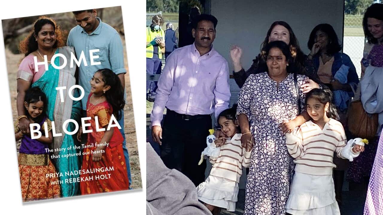 Left: Cover of the recently published book, "Home to Biolela"; Right: Priya Nadesalingam and her family arrive in Biloela after many years in immigration detention centres, Fri 10 June, 2022