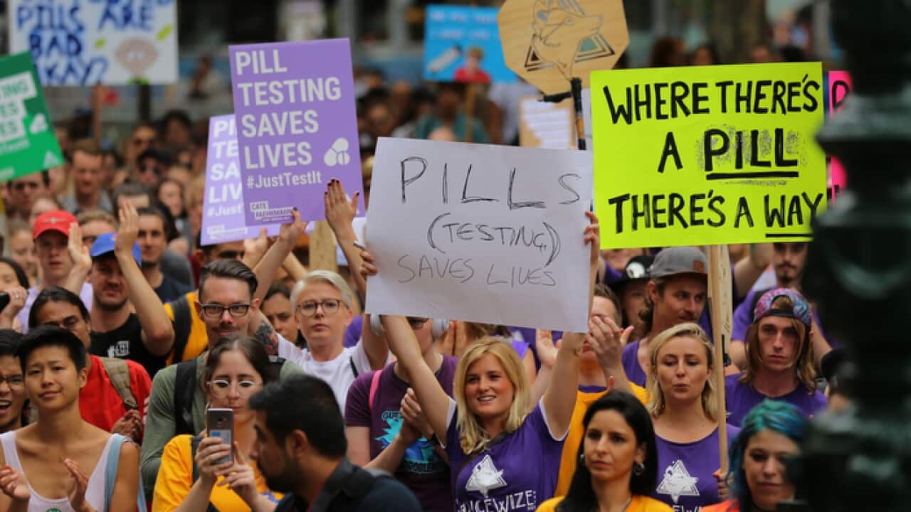 Protesters supporting pill testing seen during a rally in Sydney on January 19.