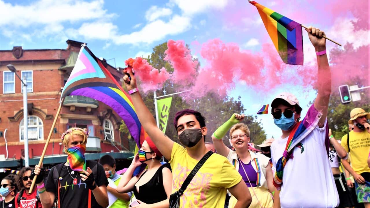 LGBTQI+ rights protesters at Mardi Gras in Sydney (AAP)