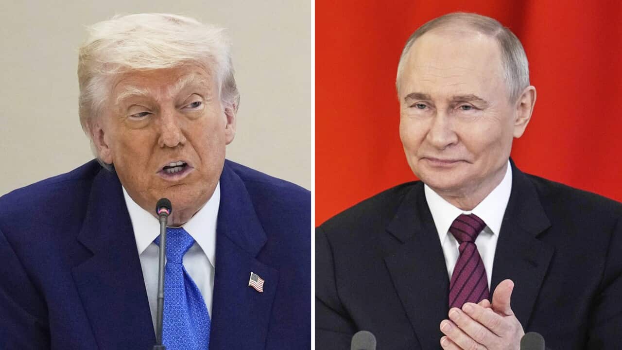 This combination photo shows U.S. President Donald Trump in a business roundtable in Abu Dhabi, United Arab Emirates, May 16, 2025, left, and Russian President Vladimir Putin at a signing ceremony at the Kremlin in Moscow, May 10, 2025.
