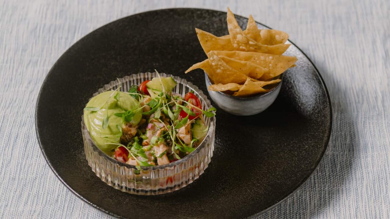 Salmon aburi ceviche with totopos