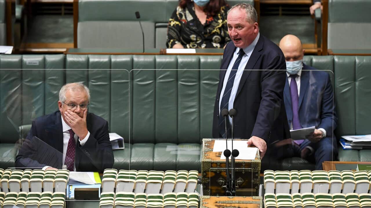 Australian Deputy Prime Minister Barnaby Joyce speaks during House of Representatives Question Time at Parliament House in Canberra, October 18, 2021.
