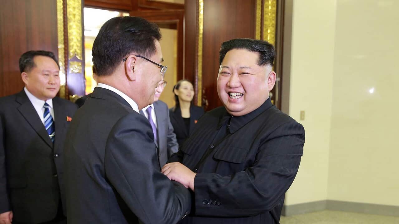 March 5, 2018 photo North Korean leader Kim Jong Un, meets South Korean National Security Director Chung Eui-yong, front left, in Pyongyang, North Korea.