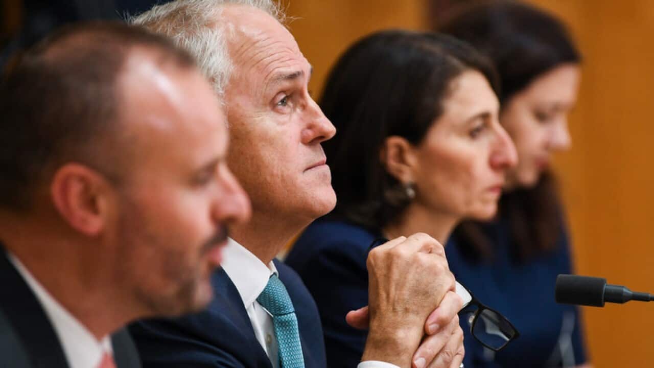 Australian Prime Minister Malcolm Turnbull reacts during a press conference after the Council of Australian Governments (COAG) meeting at Parliament House in Canberra, Friday, February 9, 2018. (AAP Image/Lukas Coch) NO ARCHIVING