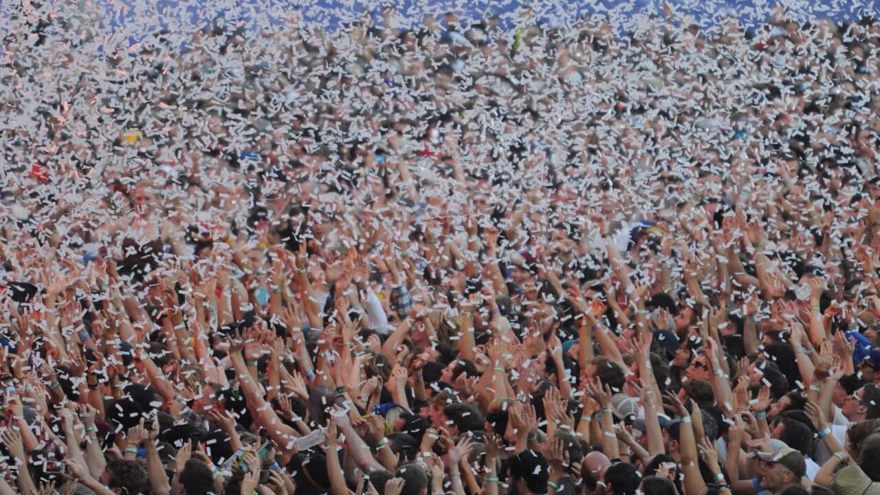 Confetti engulfs the crowd at the end of Arcade Fire's set at a Sydney music festival in this file photo.