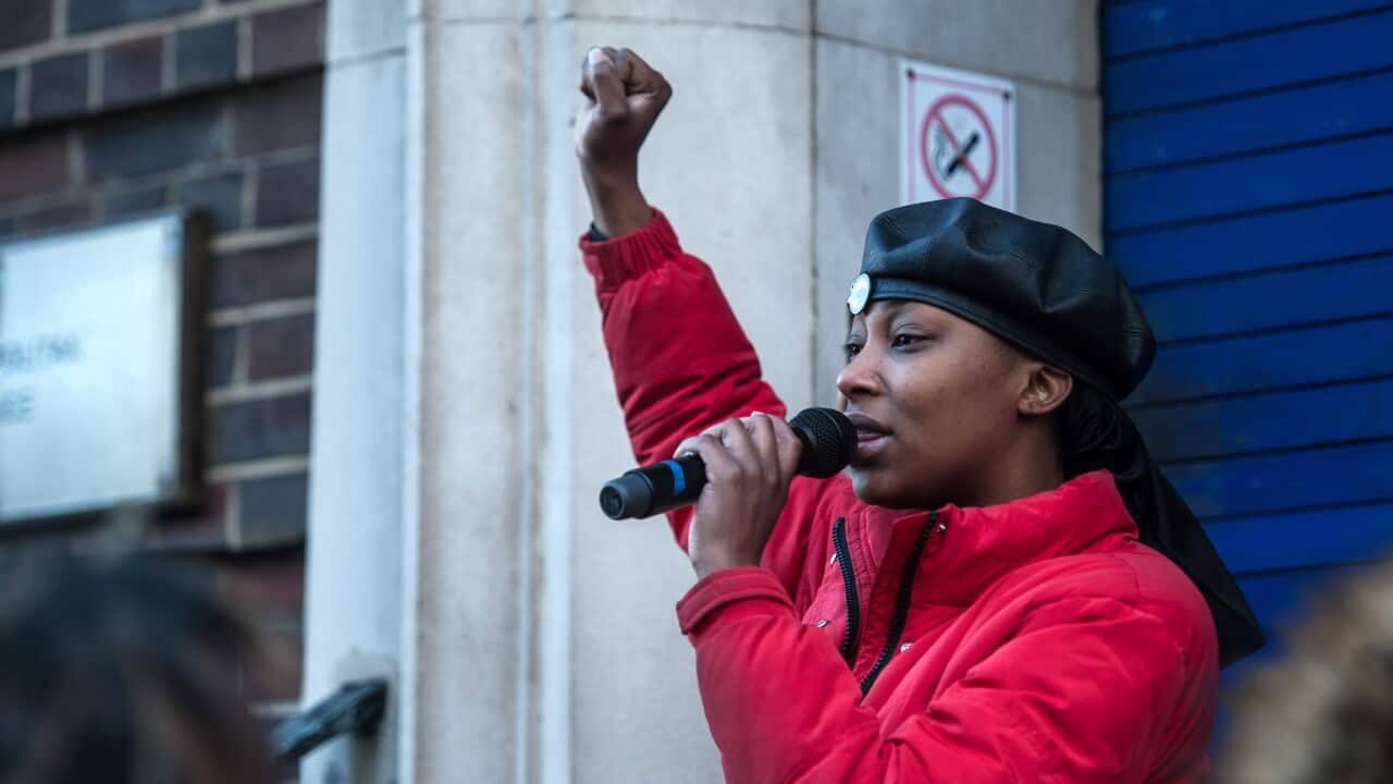 Black Lives Matter activist Sasha Johnson protesting outside of Tottenham Police Station in December 2020.