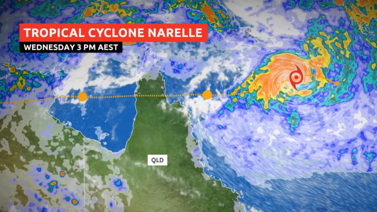 A map that indicates Cyclone Narelle is moving westward from the Coral Sea to Queensland