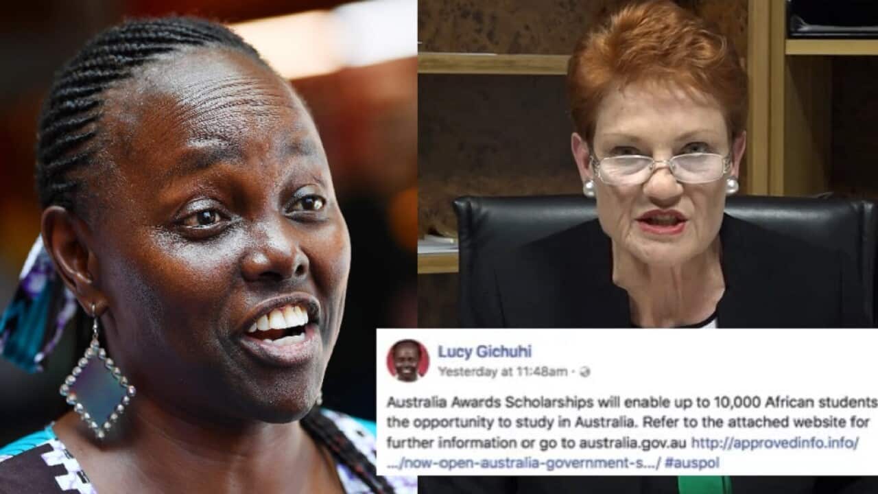 Lucy Gichuhi (left) has now removed the fake post from Facebook (bottom right) which outraged Pauline Hanson (right).
