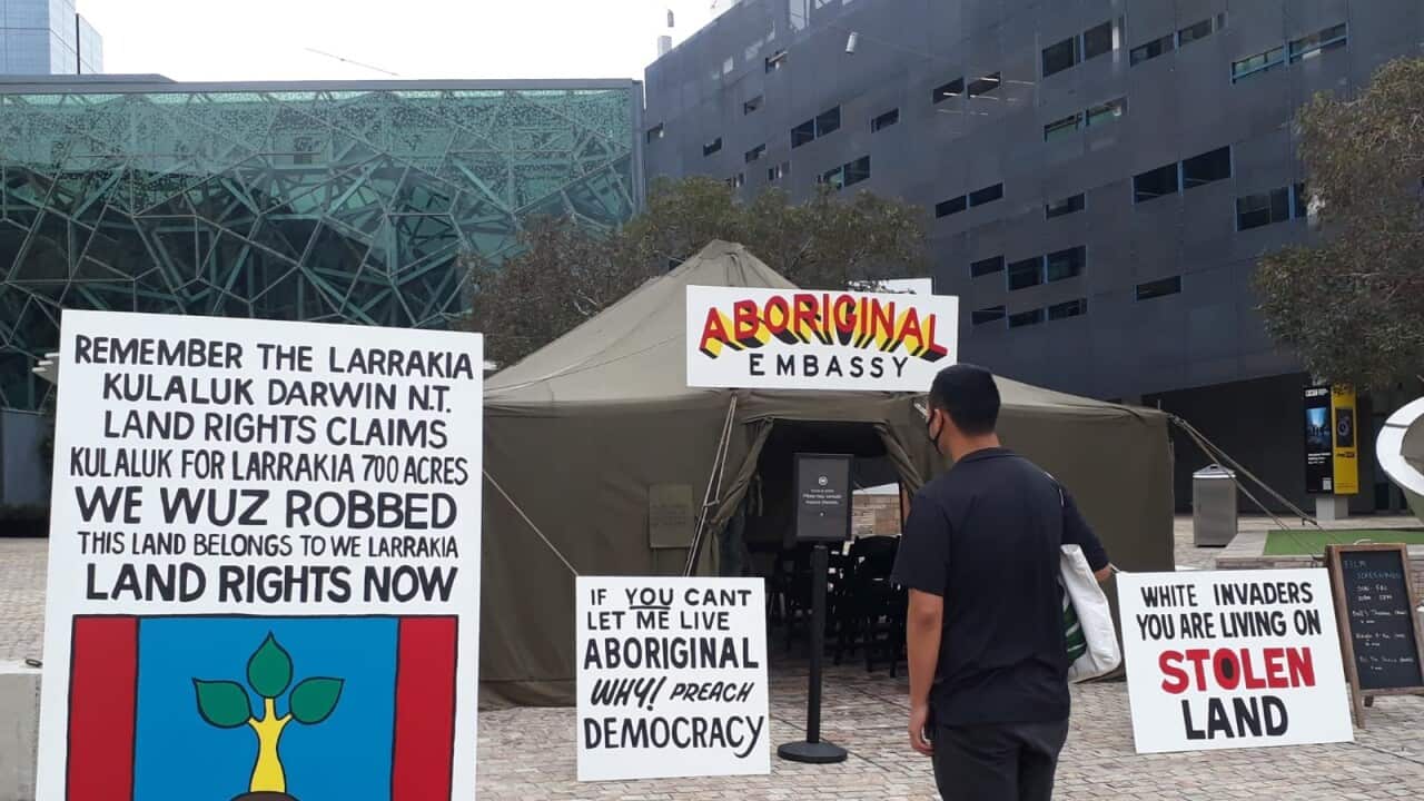 The Black Infinite: Richard Bell’s Embassy - A free First Nations-led space for forging alternate futures and dialogue in support of Aboriginal rights, Federation Square, Melbourne, Jun 2024 (Courtesy: SPD).