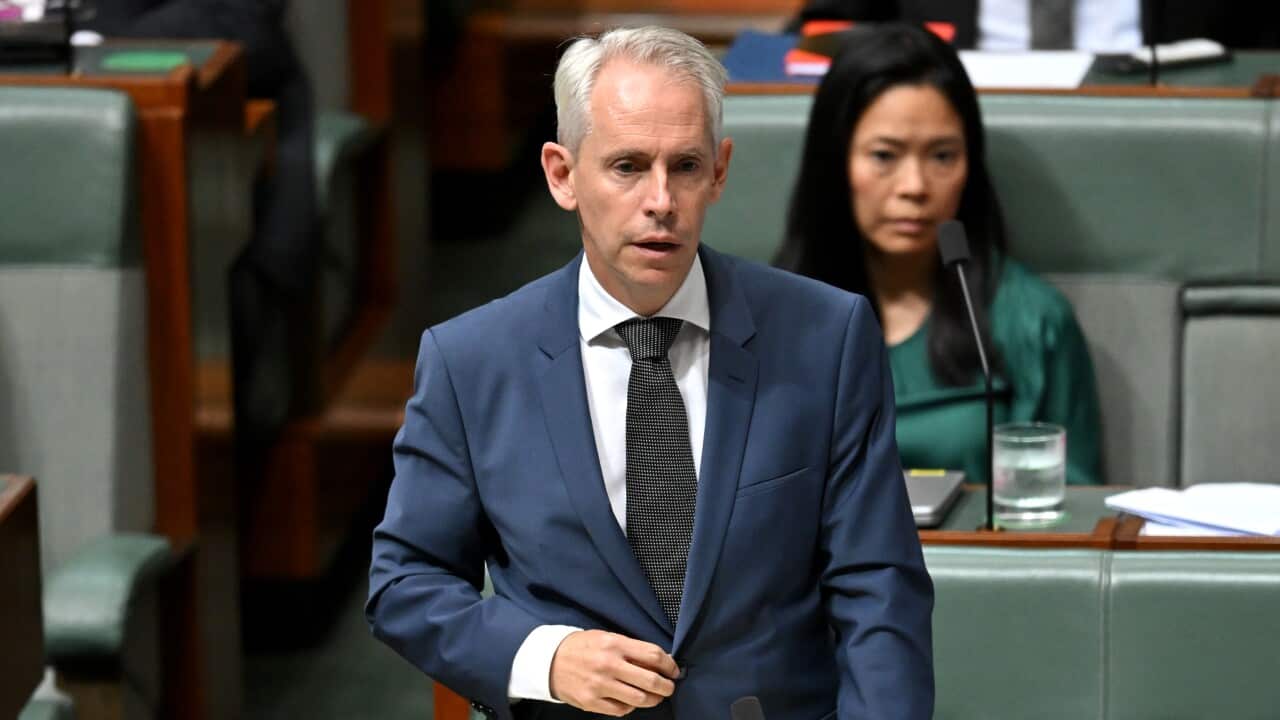 Andrew Giles wearing a suit and tie and standing and talking in parliament.