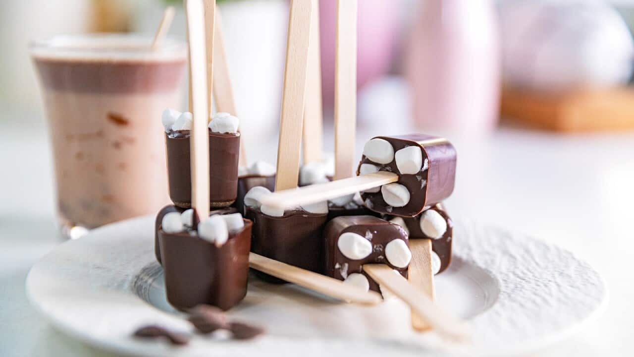 About 10 cubes of chocolate, each with a paddle-pop stick in it, sit on a round white plate. Each cube is topped with a few mini marshmallows.