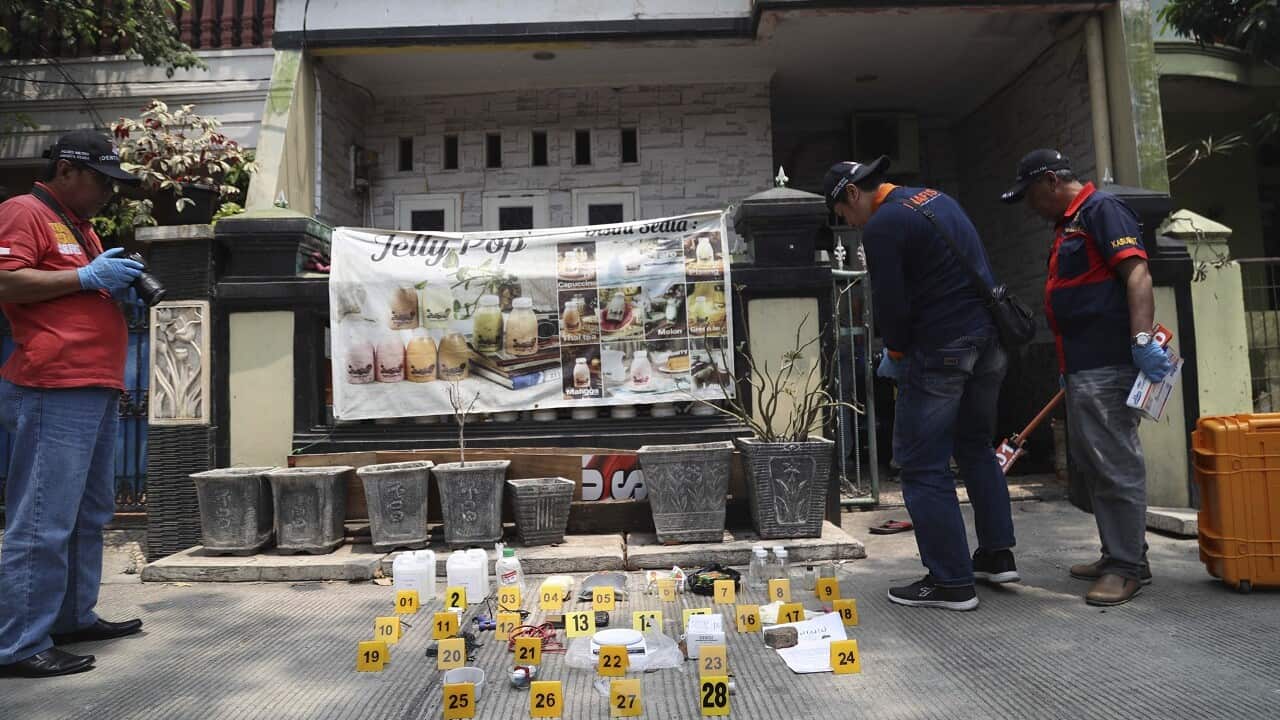 Explosives and bomb-making components that were confiscated by the police during the raid.