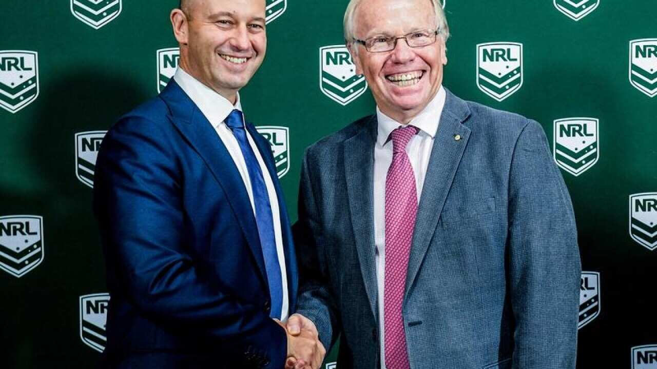 NRL CEO Todd Greenberg (L) and new ARLC chairman Peter Beattie