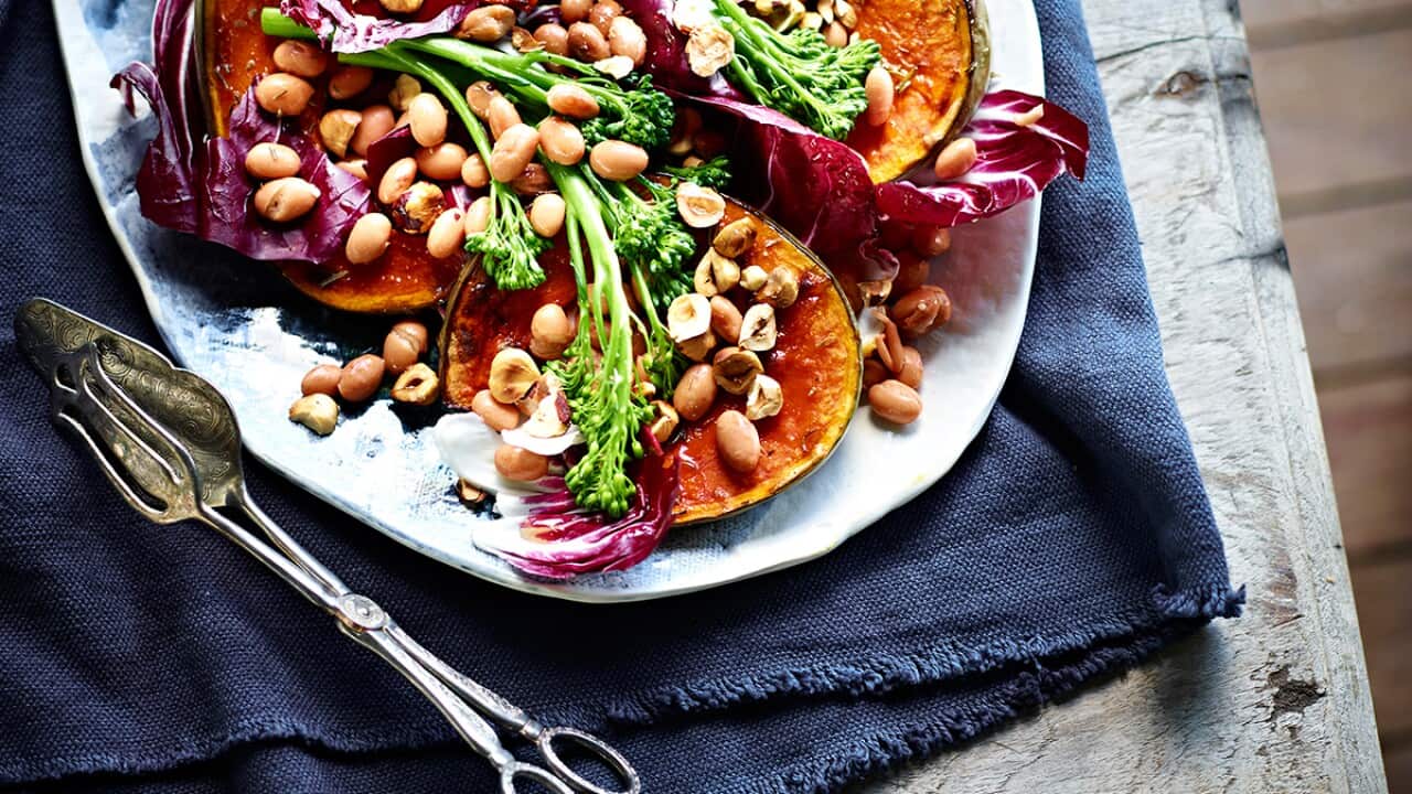 Honey-roasted pumpkin, borlotti bean, broccolini and hazelnut salad