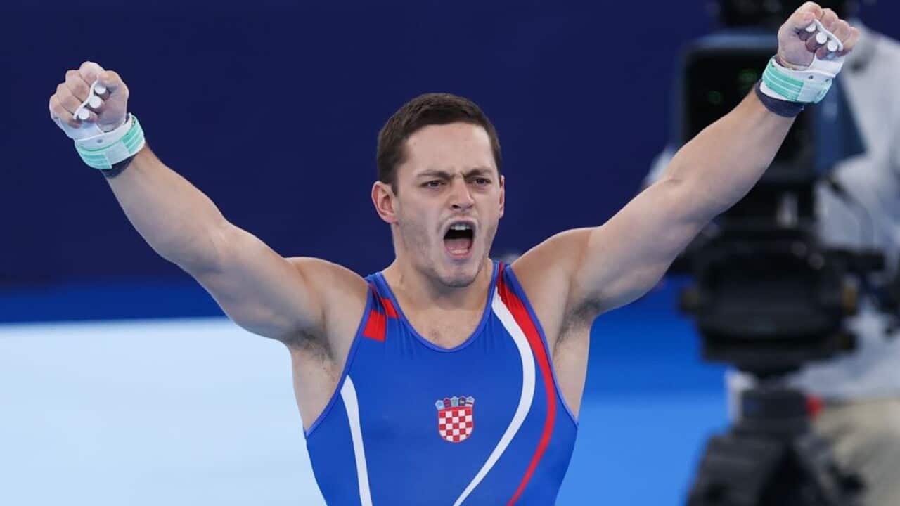 Tin Srbic celebrates at the Tokyo Olympic Games