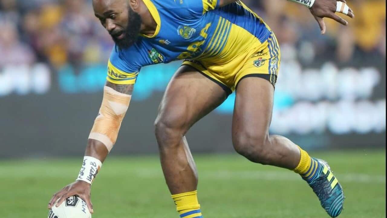 Parramatta winger Semi Radradra scores a try